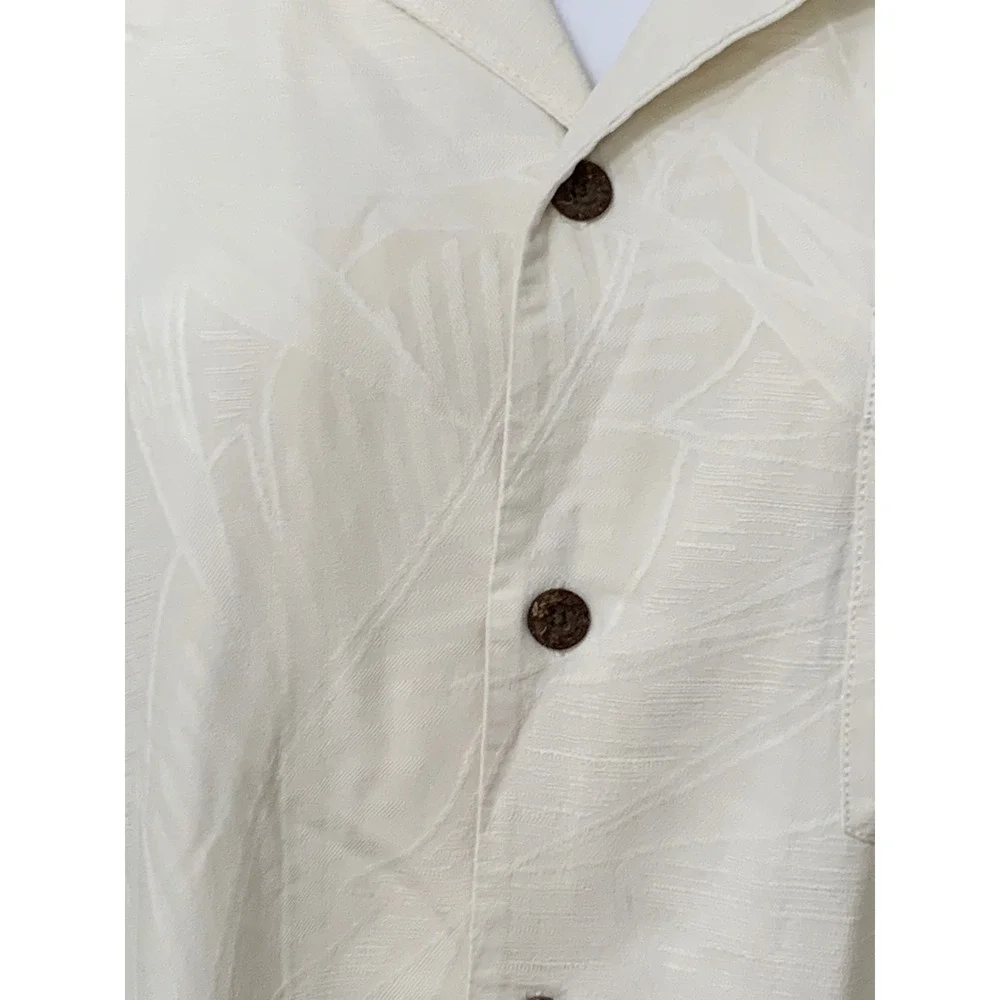 Tommy Bahama Men's XL Silk Camp Shirt Cream Tropical Leaf Jacquard Button Down